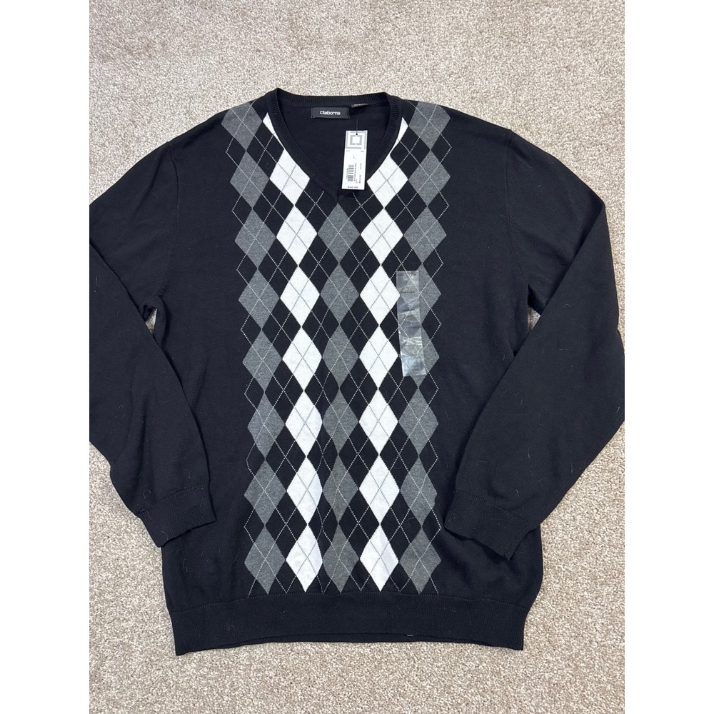 Claiborne Mens Argyle V-Neck Sweater Black Grey White Cotton Blend Pullover L - Picture 5 of 5